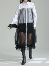 Long Sleeves Gauze See-Through Split-Joint Lapel Midi Dresses Shirt Dress