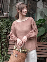Lantern Sleeve Solid Loose Round Neck T-Shirt