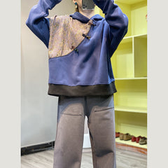 Women Stitching Printed Loose Hooded Plus Fleece Sweater