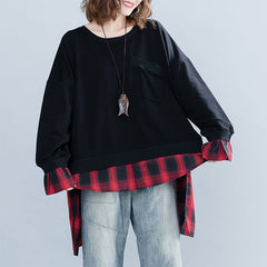Large Size Stitching Plaid Asymmetrical Loose Sweatshirt
