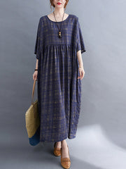 Round Neck Half Sleeves Plaid Maxi Dress
