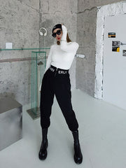 High Waist Embroidered Letter Zipper Pants