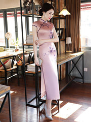 Light Purple Flower Print Stand-collar Long Cheongsam