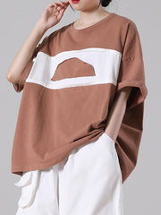 Women Loose Patch Stitching Short Sleeve T-Shirt