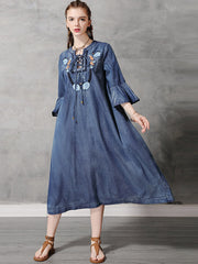 Original Applique Flared Sleeve Denim Dress