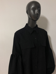 Black Lapel Puff Sleeves Midi Dress