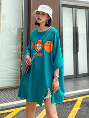 Women Loose Slimming Smiley Face Print Short Sleeve T-Shirt