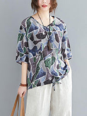 Vintage Printed V-Neck Drawstring T-Shirt