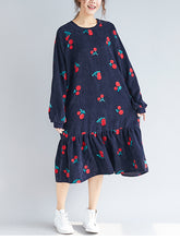 Round Neck Corduroy Embroidery Ruffle Midi Dress