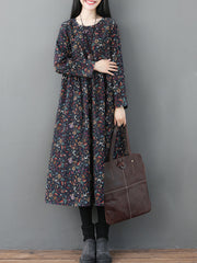 Retro Floral Loose Round Neck Midi Dress