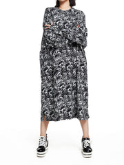 Round Neck Printed Long-Sleeved Cotton Maxi Dress