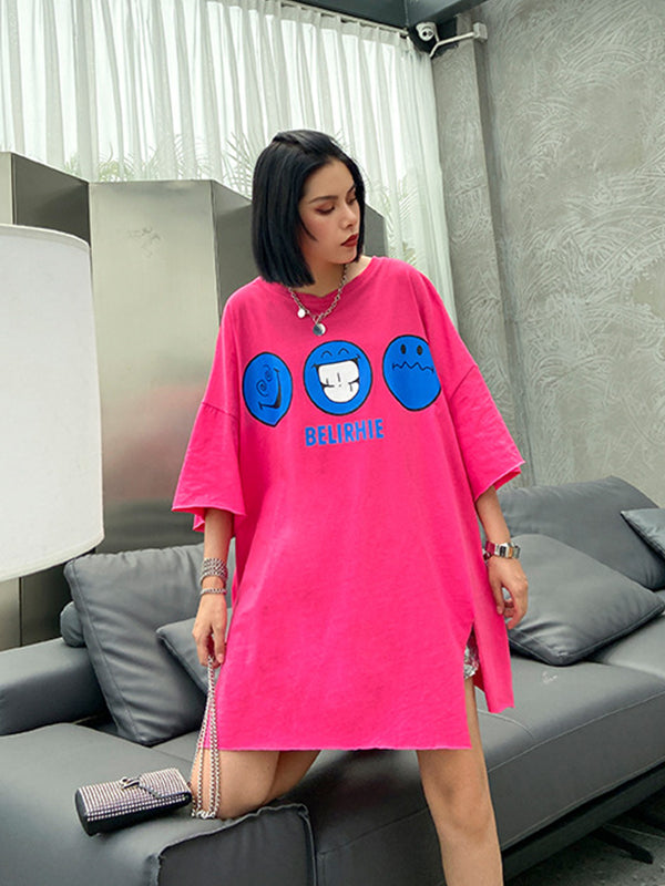Women Loose Slimming Smiley Face Print Short Sleeve T-Shirt
