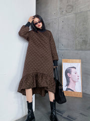 Casual Ruffled Solid Color Plaid Midi Dress