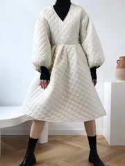 V-Neck Solid Thick Midi Dress