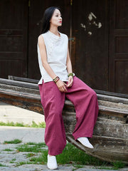 Burgundy&Navy Blue Ramie Cotton Casual Linen Bloomers Pants