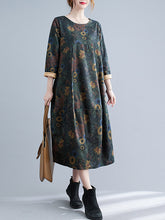 Retro Print Round Neck Loose Midi Dress