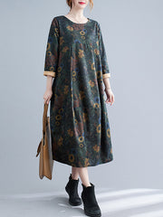Retro Print Round Neck Loose Midi Dress