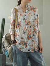 Vintage Floral Three-Quarter Sleeve Stand Collar Shirt