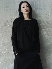 Casual Pure Color Pleated Long Sleeves Round-Neck T-Shirt Tops