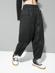 Black Solid Zipper Harem Pants