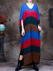 Striped Knit V-Neck Color-Block Slit Sweater Dress