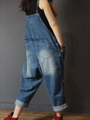 Denim Floral Print Long Jeans Jumpsuit