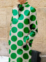 Long Sleeves Loose Polka-Dot Split-Side Stand Collar Midi Dresses