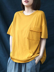 Loose Solid Casual Cropped Round Neck T-Shirt