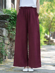 Loose Solid Linen Lace-Up Straight Pants