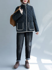 Women Stand Collar Contrast Stitching Casual Jacket