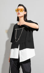 Simple Irregular Solid Splicing False Two T-Shirt