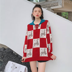 Plaid Color-Blocking Retro Long Sleeve Knitted Sweater