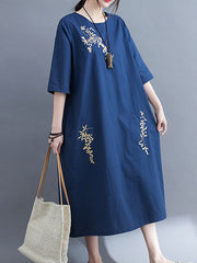 Round Neck Half Sleeves Embroidery Maxi Dress