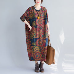 Retro Plus Size Print Loose Long Sleeve Dress