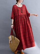 Round Neck Half Sleeves Plaid Maxi Dress