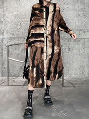 Long Sleeves Roomy Asymmetric Stamped Split-Joint Lapel Midi Shirt Dress