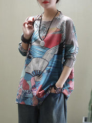 Loose Ethnic Style Print Contrast Color Sweater