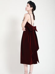 Open Back Big Bow Velvet Suspender Midi Dress