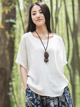 White&Purple High-low Short Sleeves Ramie Cotton T-shirt