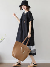 Women Square Neck Short Sleeve Loose Stitching Dress