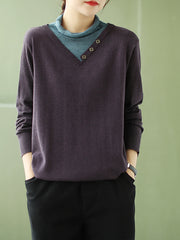 Women Retro Turtleneck Pullover Color Block Knitted Sweater