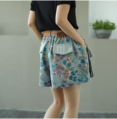 Women Retro Printed Personality Pocket Loose High Waist Casual Pants