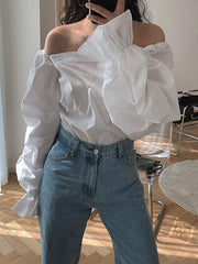 Vintage Puff Sleeves Square Neck One-Shoulder Shirt
