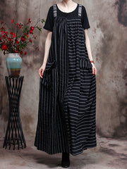 Striped Stitching Pocket Suspender Dress