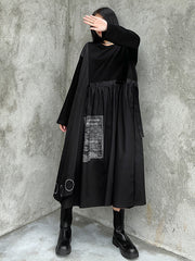 Women Round Neck Solid Color Long Sleeve Dress