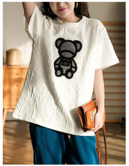 Retro Letter Cotton Towel Embroidered Bear Short-Sleeved T-Shirt Tops