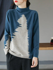 Women High Collar Retro Color Matching Pullover Sweater