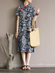 Loose Jacquard Short Sleeve Cheongsam Midi Dress