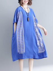 V-Neck Loose Print Midi Dress