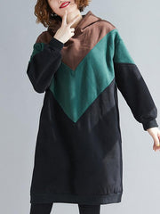 Loose Contrast Color Stitching Velvet Long Hoodie